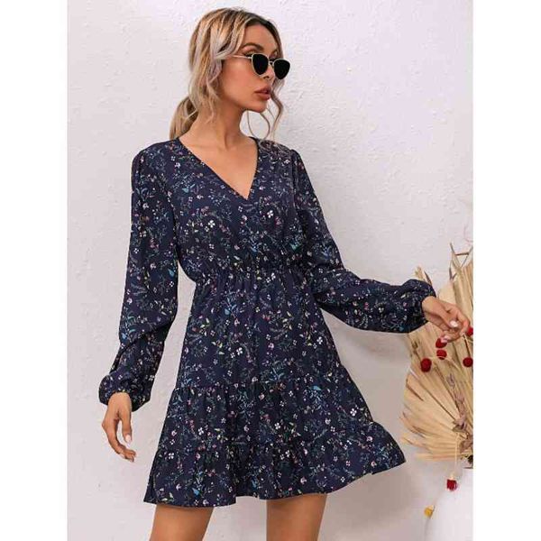 

women's t-shirt dress 18805#2022 blue floral v-neck e6n2, White