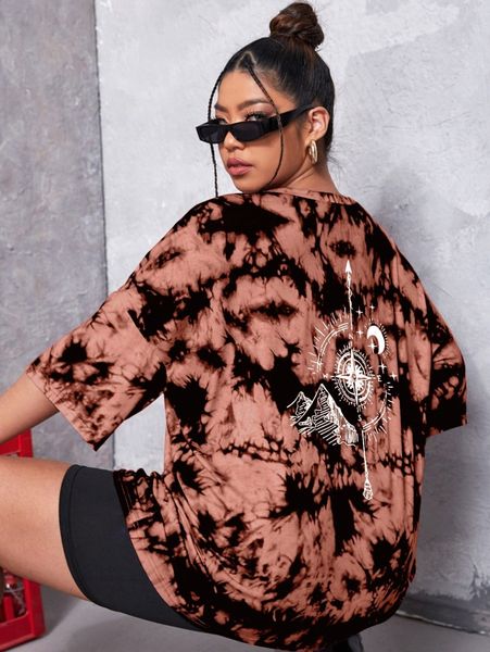 

plus moon & compass print tie dye drop shoulder tee z21b#, Black