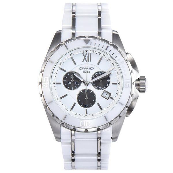 

new men quartz watch white ceramic two-tone stainless steel back dial silver hands chronograph2442271g, Slivery;brown