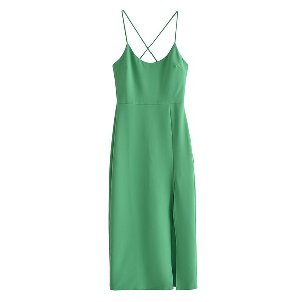 

summer green backless zipper crossover thin straps female dresses split mid-calf dress, Black;gray