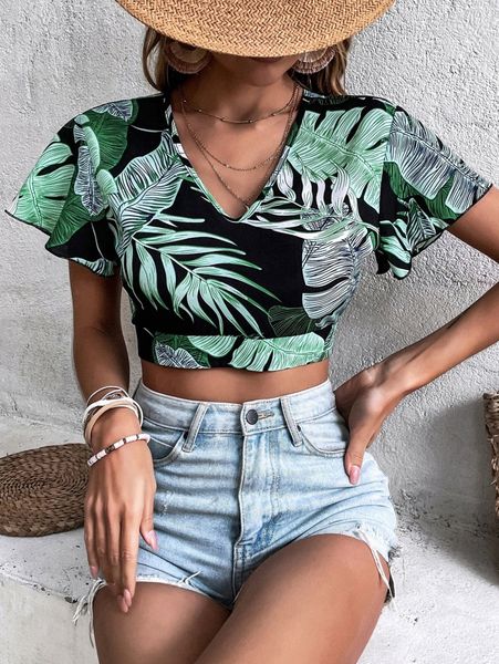 

tropical print cut out tie back butterfly sleeve crop blouse 57xz#, White