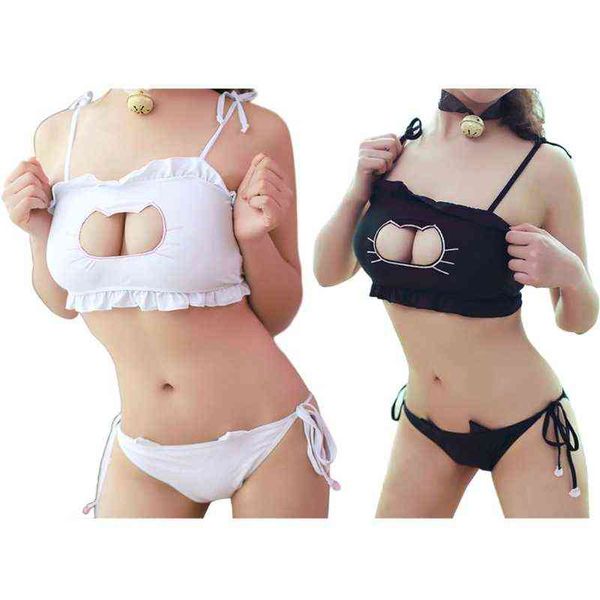 Cosplay Cat Hollow Reggiseno buco della serratura con slip intimo intimo con catena 62KE L220727