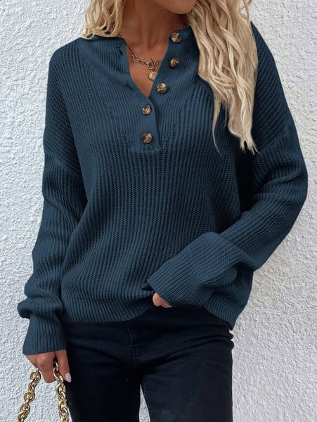 

half button ribbed knit drop shoulder sweater r36p#, White;black