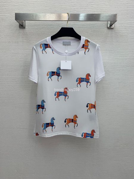 

women's t-shirt color steed printed front silk stitched back cotton round neck short sleeve t-shirt, White