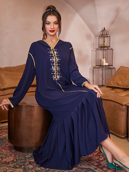 

rhinestone decor pleated hem hooded dress e67v#, Black;gray