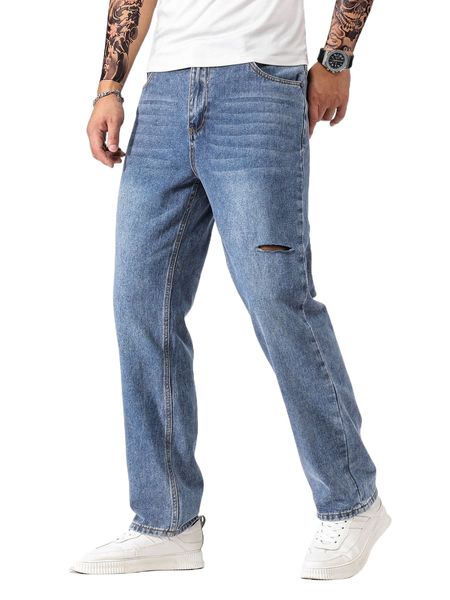 

men cut out straight leg jeans j5xl#, Blue