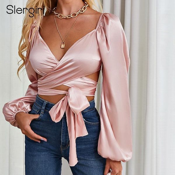 Slergiri 2022 Herbst Frauen Sexy Tiefem V-ausschnitt Gürtel Wrap Crop Top Puff Langarm Spitze Up Club Party backless Elegante Bluse frauen Blusen