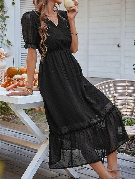 

swiss dot puff sleeve ruffle hem dress s7yf#, Black;gray