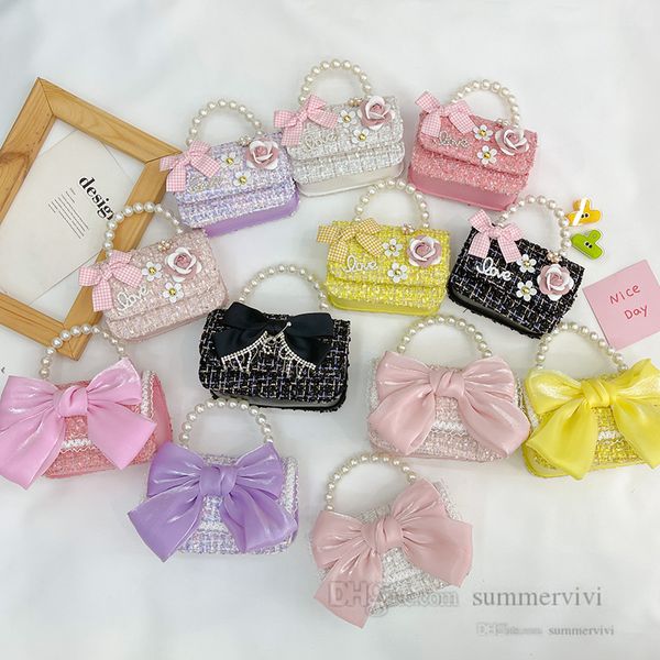 

girls pearls chain handbags kids big lace bows applique single shoulder bag children beaded flowers messenger princess bags q6032, Black
