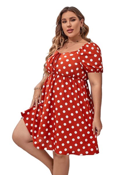 

plus polka dot knot front sweetheart neck puff sleeve dress 18zk#, Black