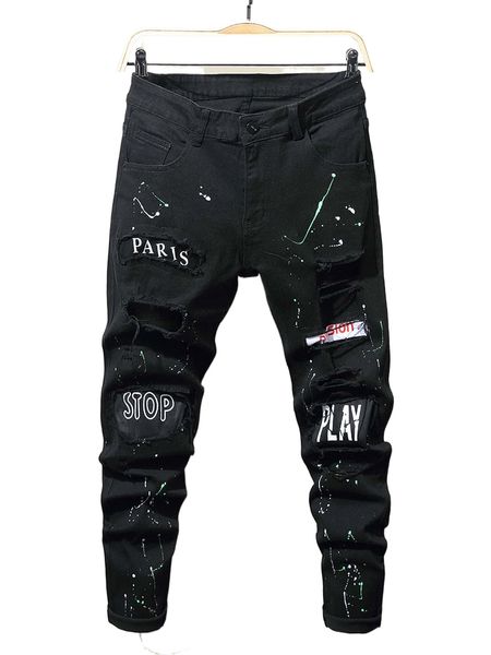 

men splash ink and letter graphic ripped jeans 158j#, Blue
