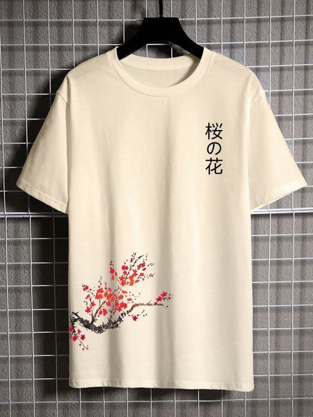 

men japanese letter & floral print tee 74t2#, White;black