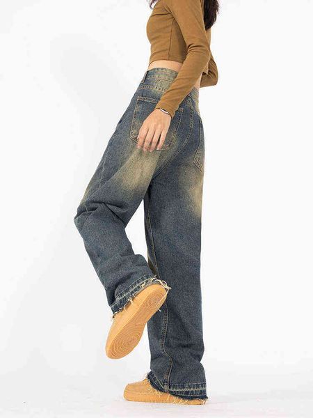 

women jeans high waist vintage straight baggy denim pants y2k streetwear american style fashion hip hop wide pipes pants new l220726, Blue