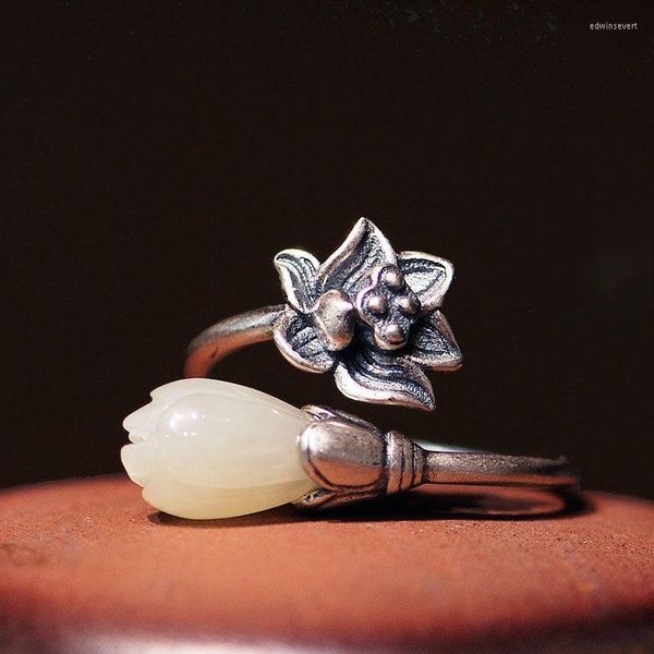 Cluster Ringe Natürliche Hetian Magnolia Blume Lotus Öffnung Verstellbarer Ring Chinesischen Stil Retro Böhmischen Eleganten Charme Silber Schmuck Edwi22