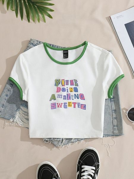 

slogan pattern contrast binding crop tee q5c0#, White