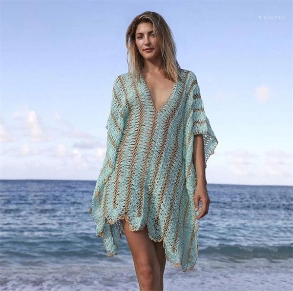 Costumi da bagno da donna 2022 Beach Cover Up Crochet lavorato a maglia Beachwear Tunica a righe Pareo lungo Costume da bagno estivo Abito sexy Saida De Praia