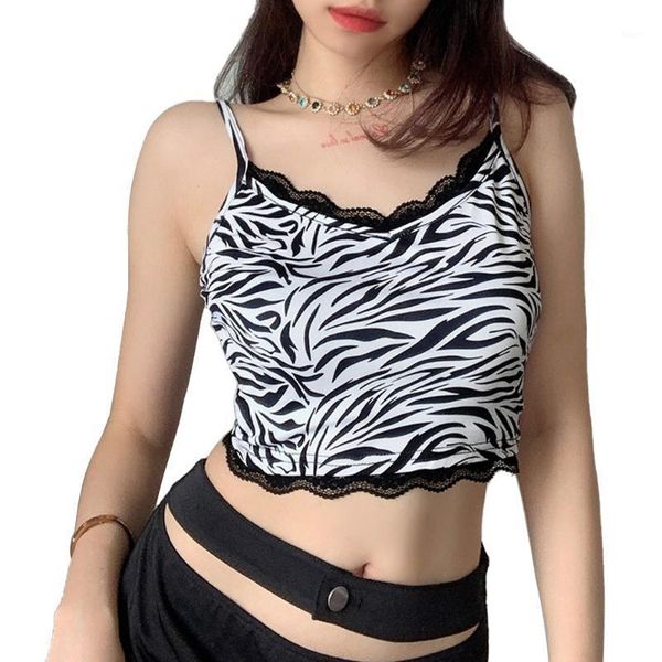 Frauen Sommer Ärmel und Crop Tops Zebra Muster V-Ausschnitt Rückenfreier Spitze Camisole Lady Sexy Slim Clubwear Frauen Tanks Camis Camis