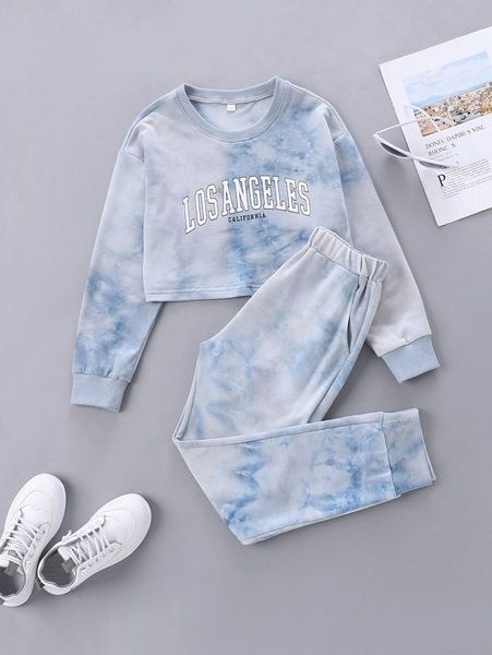 

girls letter graphic tie dye sweatshirt with joggers she, White
