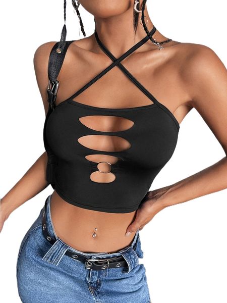 

cut out criss cross tie back crop halter d9vy#, White