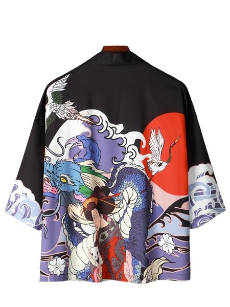 

men crane & chinese dragon print drop shoulder open front shirt l169#, White;black