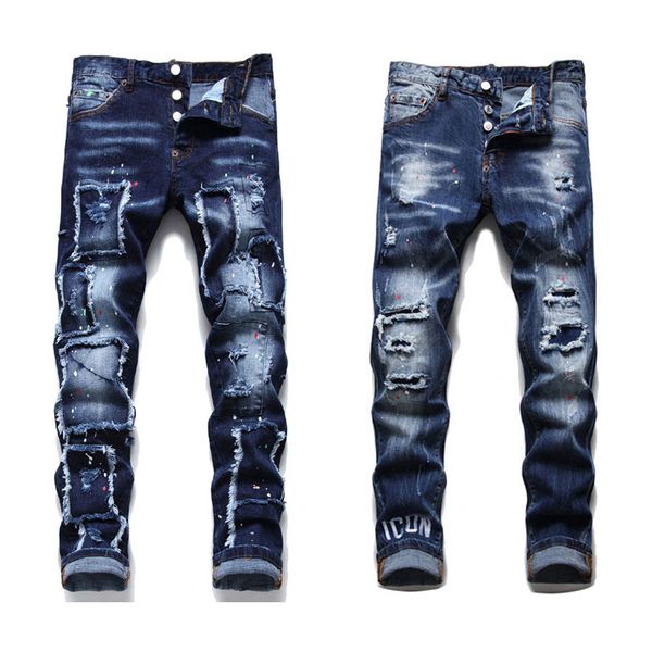 

man designer jeans new fashion vintage moto biker jean male hip hop streetwear ripped patch denim pant dark blue trouser with zipper vaquero