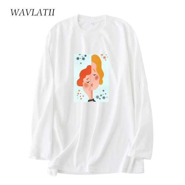 WAVLATII T-shirt a maniche lunghe in cotone con stampa astratta per le donne T-shirt casual bianche streetwear per l'autunno primavera WLT2123 220511