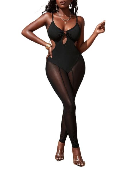 

sxy contrast mesh cut out ring linked unitard jumpsuit j3lc#, Black;white