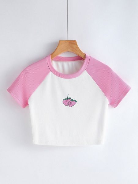 

raglan sleeve strawberry print tee a3rs#, White