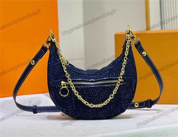 

loop designer bag baguette luxurys handbag denim jacquard monograms pattern crossbody navy-blue leather trim shoulder bags half-moon m81166