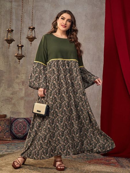 

plus paisley print contrast trim maxi dress r041#, Black