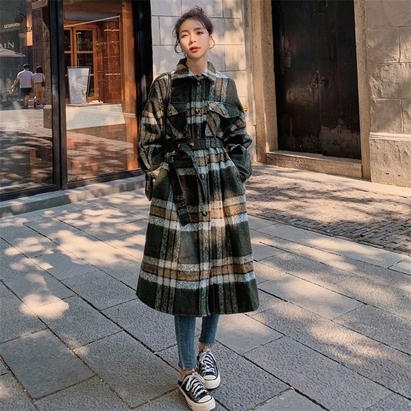 

winter female jacket retro hit color green plaid woolen coat lapel single breasted shirt pocket loose single breasted coat lj201106, Black
