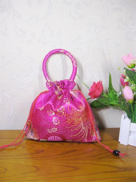 

10pcs large drawstring jewelry bags with handle chinese silk brocade gift pouch cosmetic storage bag women tote coin purses, Pink;blue