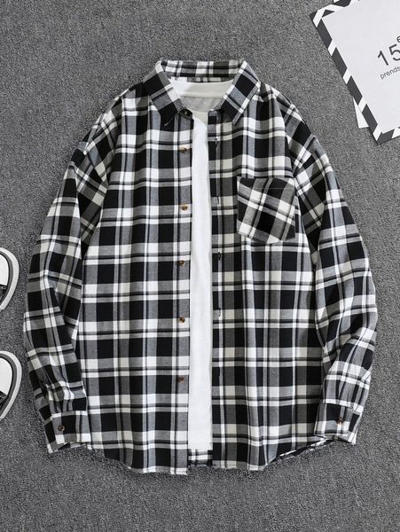 

men plaid print pocket patched shirt without tee s99b#, White;black