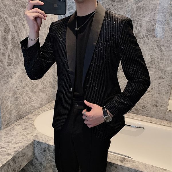 

blazer men sequins male striped suit jacket korean style slim fit casual men fashion black stage club party blazers 220504, White;black