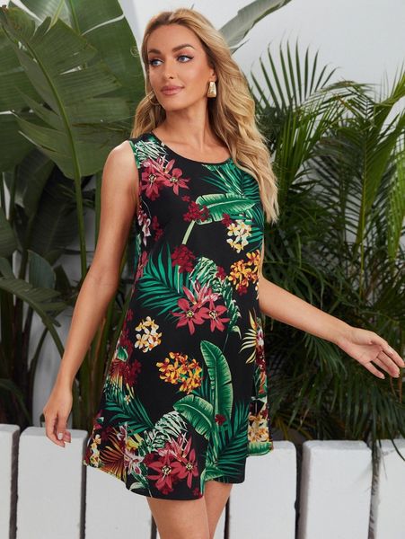 

floral & tropical print tunic dress m1z2#, Black;gray
