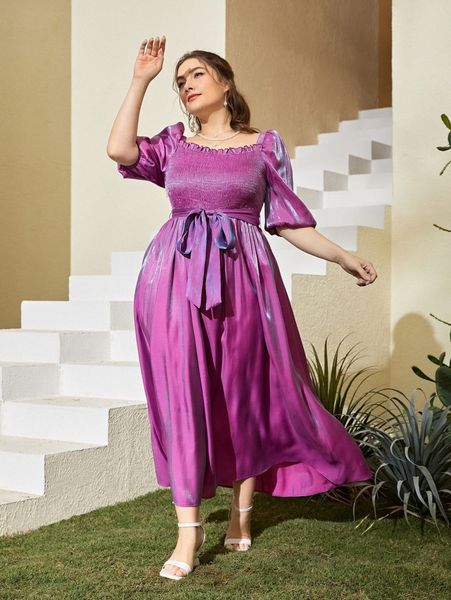 

plus puff sleeve shirred bodice belted silky dress y5id#, Black