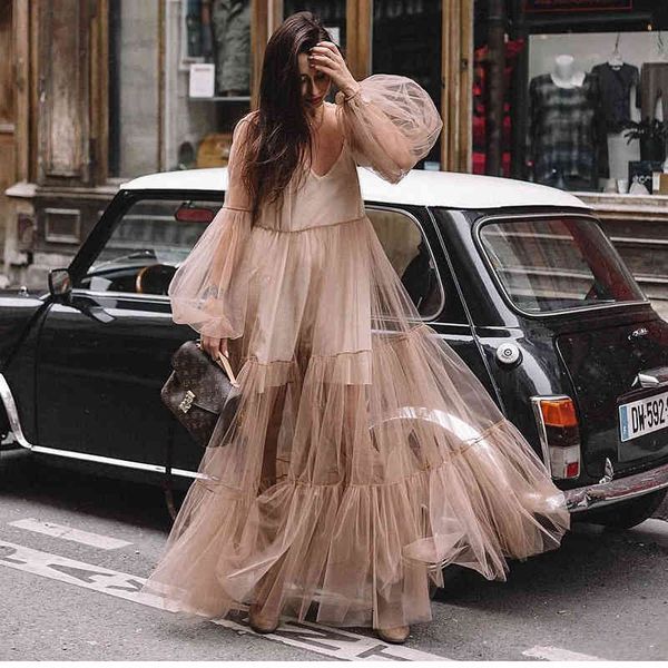 

casual dresses 2022 summer women's wear deep v-neck bubble sleeve mesh perspective dress long skirt 4eeb, Black;gray