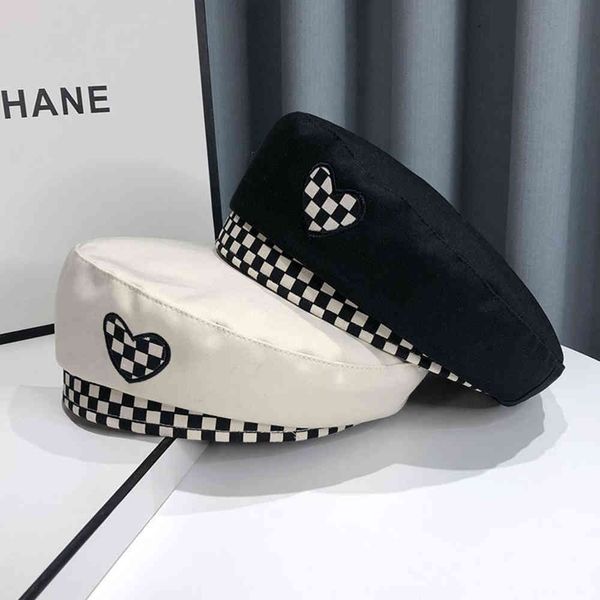 

small design sense beret children's spring and autumn fashion british net red checkerboard mosaic painter's hat, Blue;gray