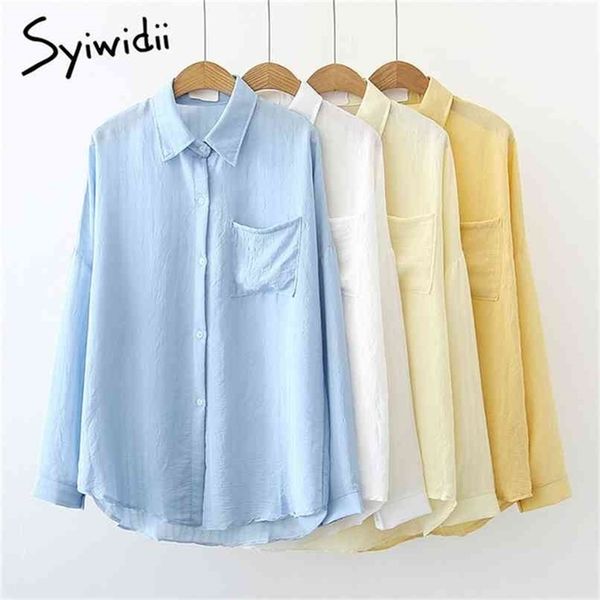

folds long sleeve blouse women korean fashion office lady button up shirt blue yellow white summer clothing 210607