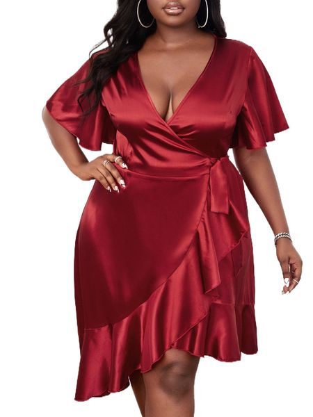 

sxy plus butterfly sleeve knot side ruffle trim wrap satin dress s48h#, Black