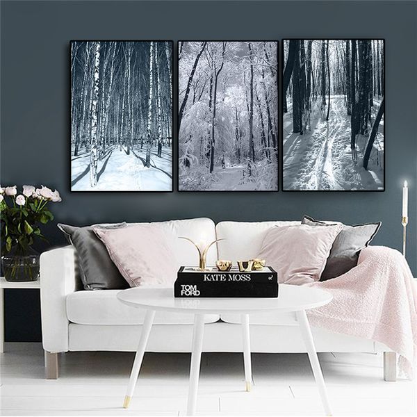 Schwarz-weiße natürliche Waldlandschaft Poster und Drucke Leinwandmalerei skandinavischer nordischer Stil Wandbild für Wohnzimmer