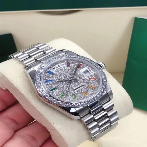 

36mm fashion women's automatic mechanical watch men's full stainless steel strap watches 2813 movement diamond bezel day256g, Slivery;brown