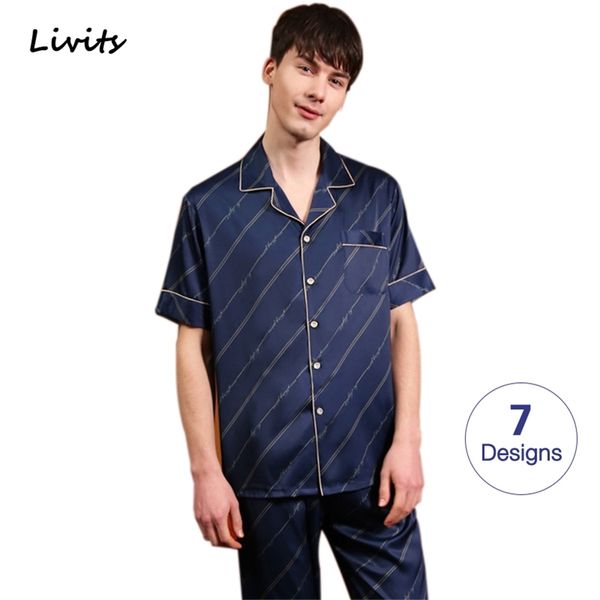 

men s pajamas sets premium satin silk pyjamas nightwear sleepwear loungewear short long sleeve printed casual for male lj201112, Black;brown