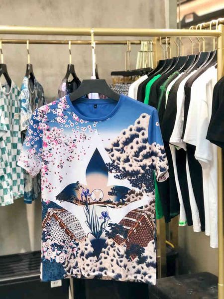 

men's t-shirts europe station summer men's fashion brand t slim fit fujiyama printed all over short sleeve t-shirt trend, White;black