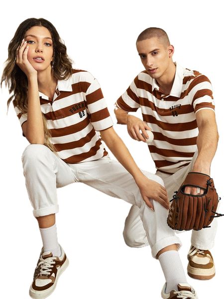 

1pc striped & letter graphic polo shirt k98f#, White;black