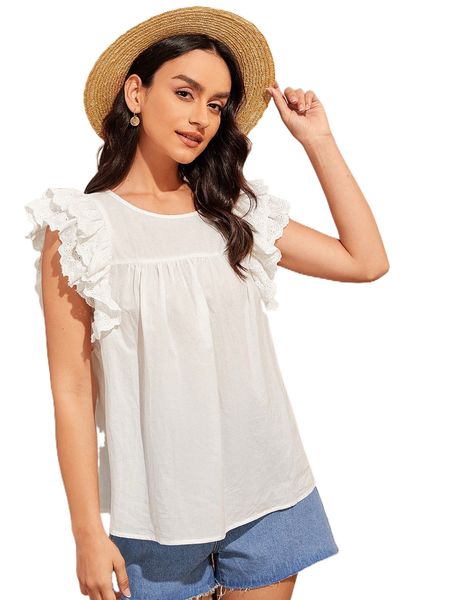 

keyhole back schiffy ruffle armhole t7nr#, White