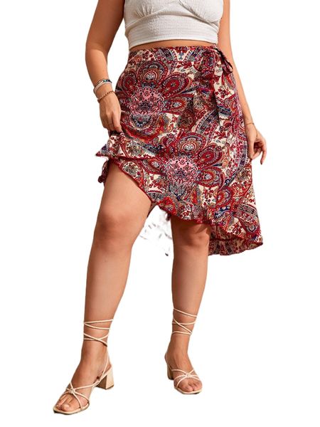 

plus paisley print knot side ruffle trim wrap skirt z8wz#, Black