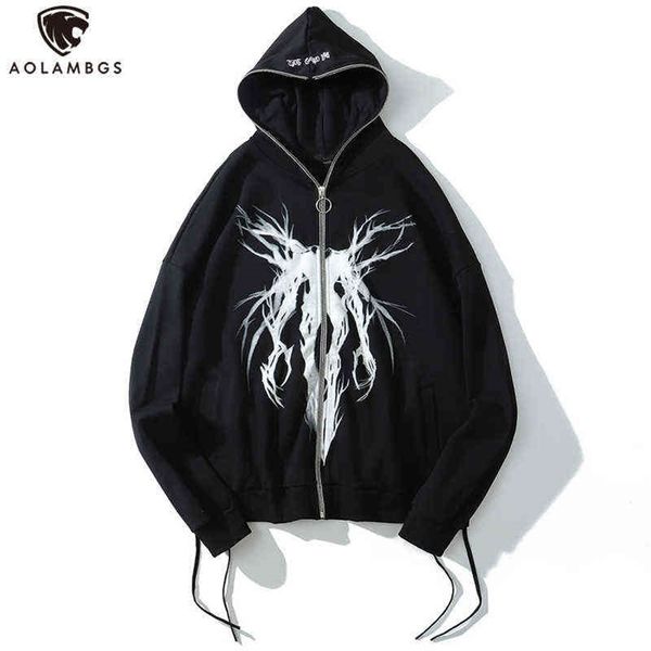 

aolamegs punk graphic print zipper ribbon hooded hoodie men casual black cool oversize coat fashion sweatshirt streetwear autumn 211106