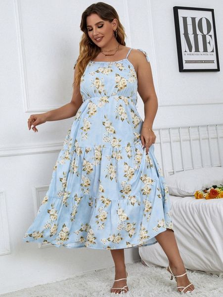 

plus floral print tie shoulder ruffle hem cami dress 25y7#, Black