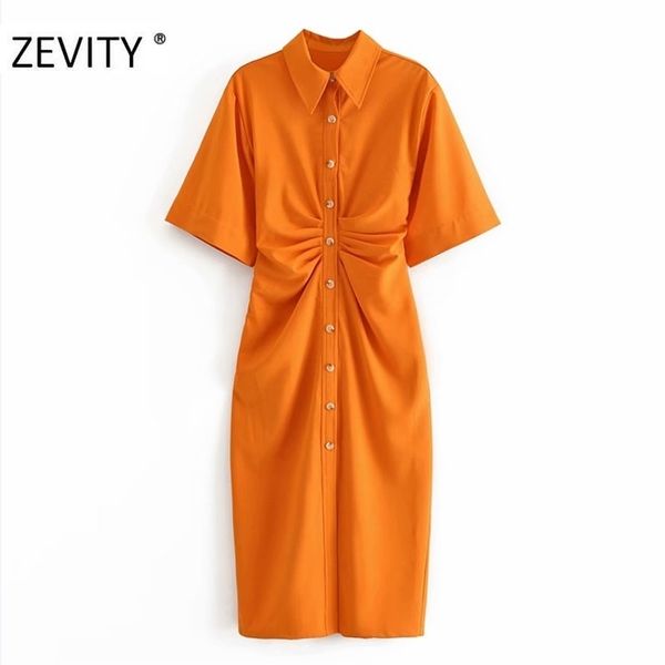 

zevity new women fashion solid color pleat shirt dress office lady short sleeve casual slim breasted vestido chic dresses ds4347 210302, Black;gray
